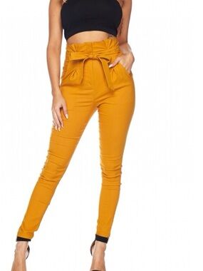 Hera Collection Mustard High-Waist Paperbag Tie Front Skinny Pants